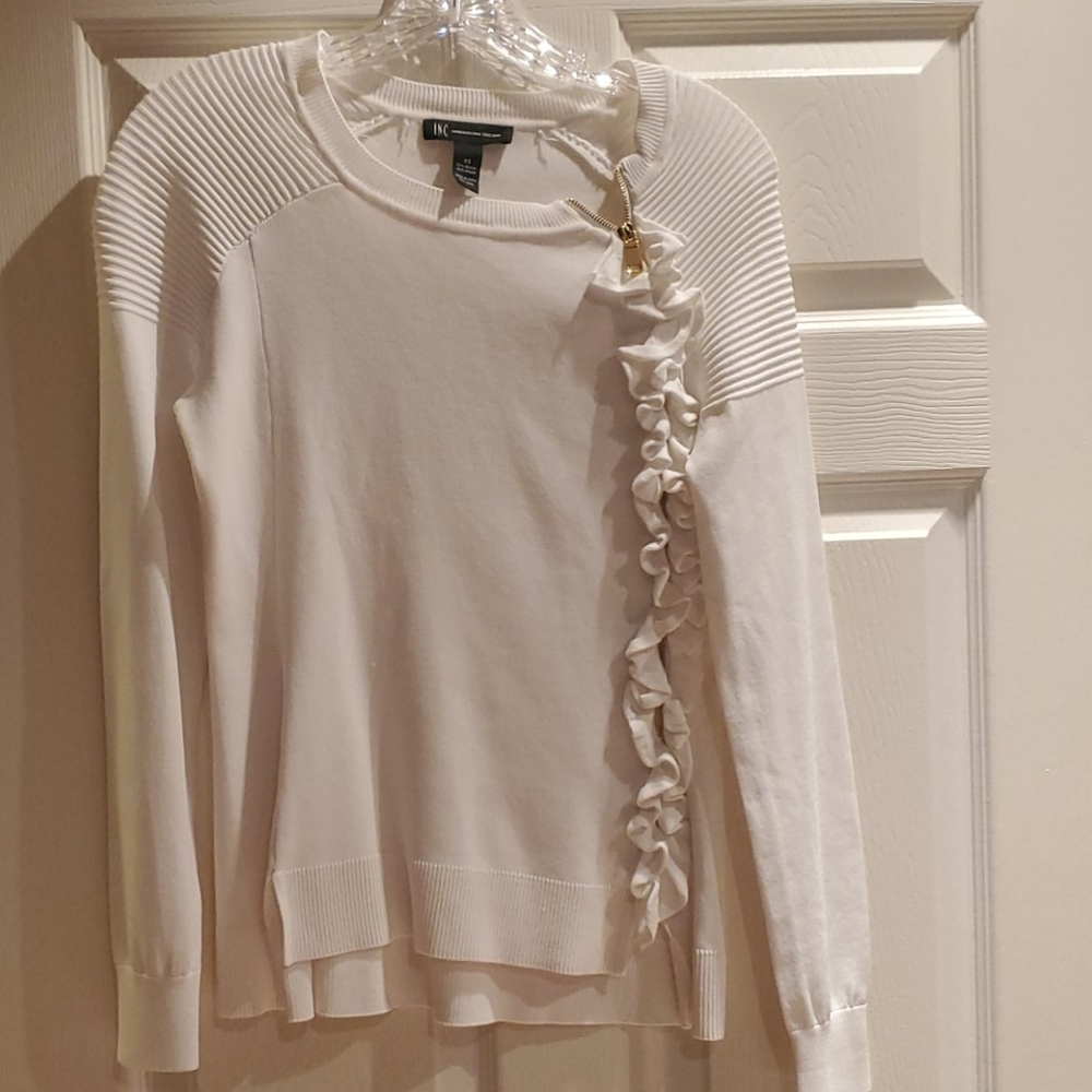 INC White Sweater with Gold Zipper and Ruffles